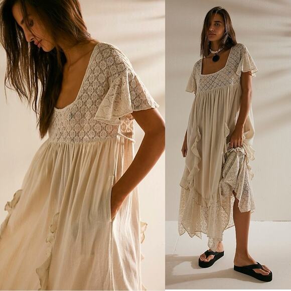 Free People Ethereal Bohemian Bring The Romance Midi Maxi Dress Neutral Medium - Picture 7 of 16